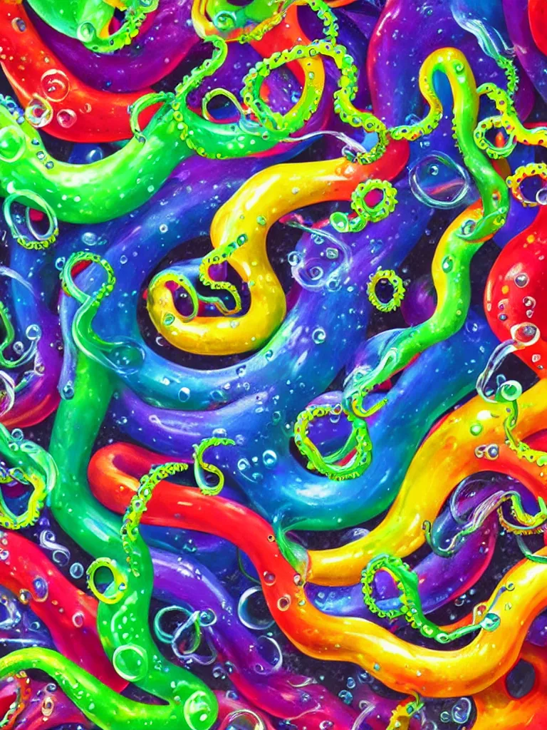 Image similar to colorful liquid octopus tentacles, hyper detailed painting, particles, bubbles, stong outline