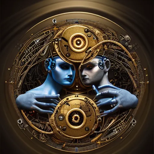 Image similar to a beautiful intricate fine art portrait photo of a mechanical industrial steampunk cybernetic yin yang symbol, overgrown with morning glory flowers, Montserrat leaves by tom bagshaw and zach sutton, golden ratio composition, studio lighting, 50mm lens, very detailed, bionic, cybernetic scifi, deep depth of field, artstation, 8K, highly coherent