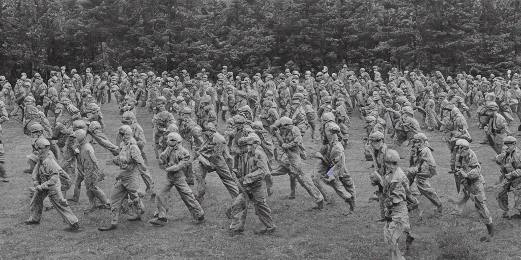 Image similar to detailed sharp photograph in the style of popular science circa 1 9 5 5 and gregory crewdson of a 1 9 5 0 s of a platoon of soldiers on base in korean war