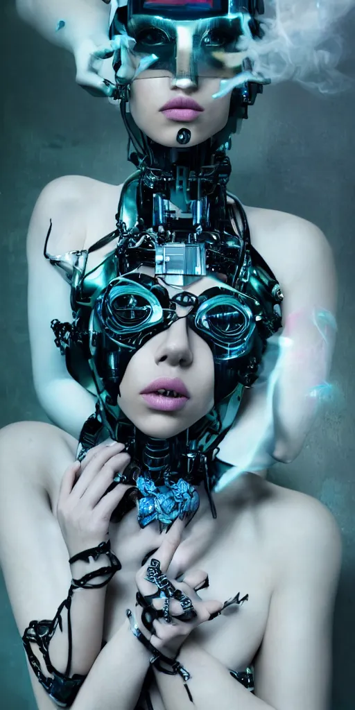 Image similar to hyperrealistic futuristic high fashion photography, girl in studio, full body, cybernetic parts, asian, scarlett johansson, vogue magazine, nomad masterpiece, nano parts, neon lights, smoke, eerie music, beautiful intricate face and flawless skin, tribal jewelry, tattoos, perfect hands, head piece, by Edgar Maxence and Ross Tran and Michael Whelan, 8k, octane render