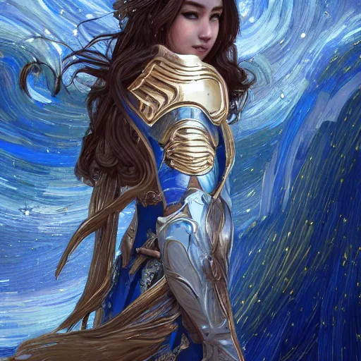 Image similar to portrait knights of Zodiac girl, white and metalic blue color reflected armor, in ruined Agora of Athens starry night, ssci-fi, fantasy, intricate, very very beautiful, elegant, golden light, highly detailed, digital painting, artstation, concept art, smooth, sharp focus, illustration, art by tian zi and WLOP and alphonse mucha