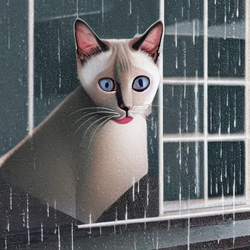 Prompt: a siamese cat staring out of a window with rain droplets flowing down during a thunderstorm, hyperrealistic, cinematic