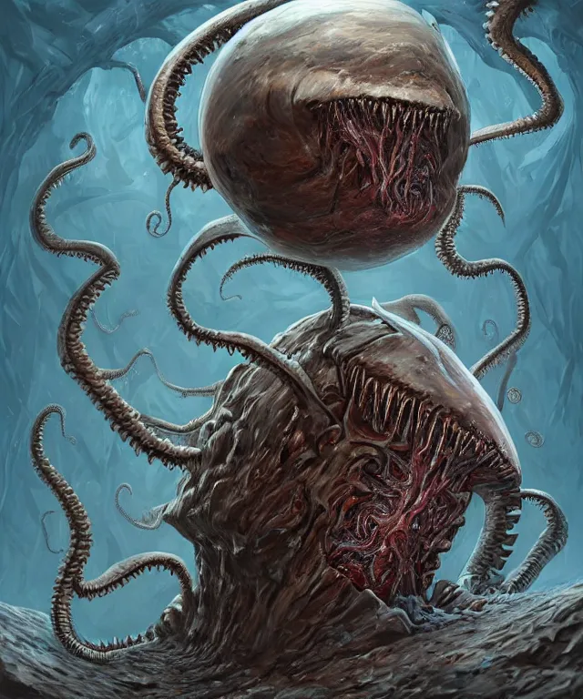 Prompt: hziulquoigmnzhah, head dangling underneath body!!!!, gigantics shark mouth, spherical body, elongated arms, short legs, lovecraftian horror!, surrealism, fantasy, intricate, elegant, highly detailed, digital painting, artstation, concept art, matte, sharp focus, illustration, art by keith thompson and christopher lane