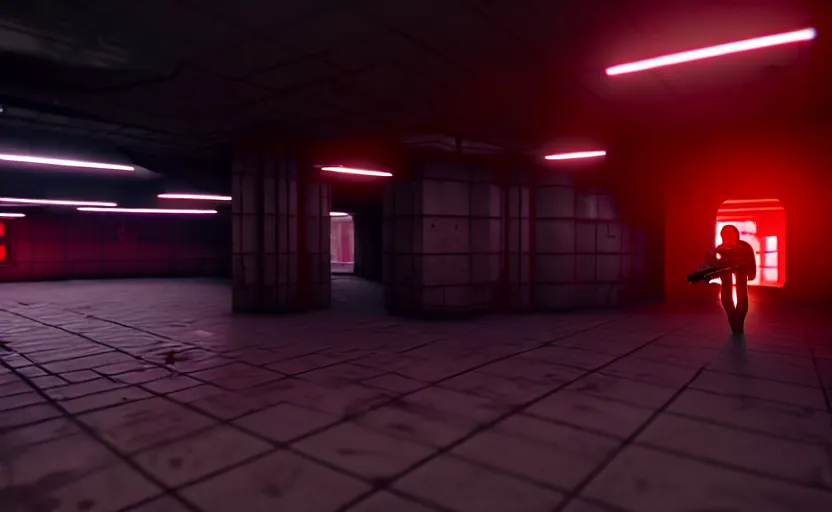 Image similar to in-game screenshot of a dark red hazmat scientist holding a gun walking on unreal engine 5, in a liminal underground garden, photorealistic, retrofuturism, brutalism, staggered terraces, minimalist