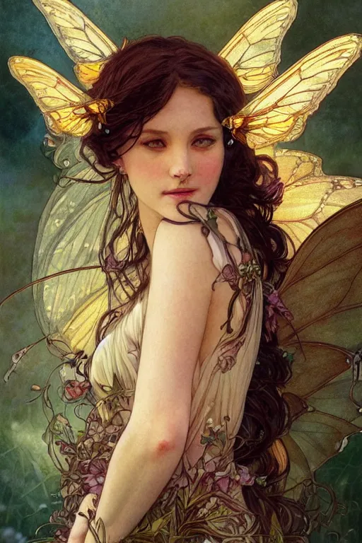 Prompt: portrait of beautiful faerie with butterfly wings, elegant, regal, intricate, fireflies in a twilight background, highly detailed, digital painting, artstation, concept art, sharp focus, watercolor ink illustration, complementary colors, art by greg rutkowski and alphonse mucha and karol bak