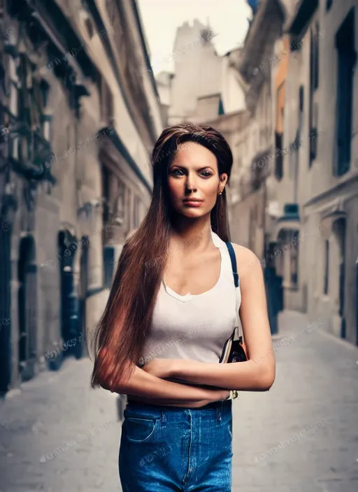 Image similar to color realistic portrait of a beautiful, stylish, 30-year-old French woman street background, with long, straight hair, street portrait in the style of Mario Testino 50mm