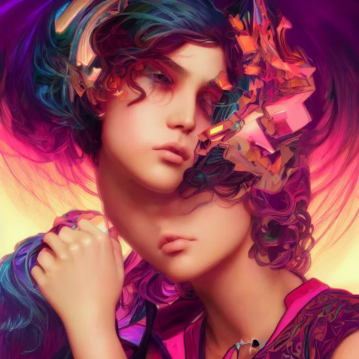 Image similar to young woman, gorgeous face, vaporwave aesthetic, synthwave, colorful, psychedelic, broken, shattered, beaten, sadness, crying, tears, artstation, concept art, smooth, extremely sharp detail, finely tuned detail, 8 k, ultra sharp focus, illustration, art by artgerm and greg rutkowski and alphonse mucha