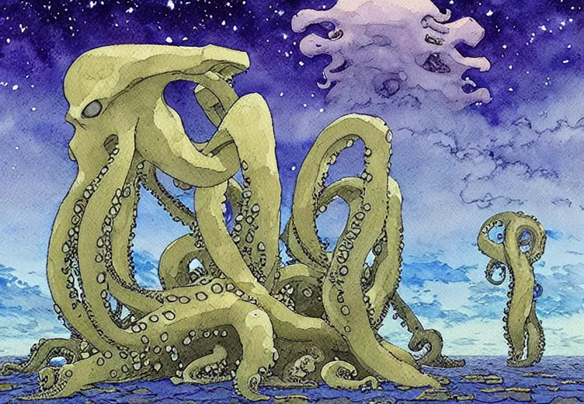 Image similar to a simple watercolor studio ghibli movie still fantasy concept art of stonehenge at the bottom of the ocean. a giant octopus from princess mononoke ( 1 9 9 7 ) is holding large stones. it is a misty starry night. by rebecca guay, michael kaluta, charles vess