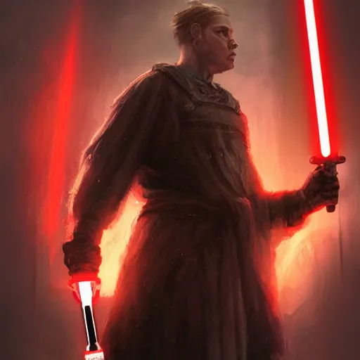 Prompt: Furious Ivar the Boneless wielding a red lightsaber, by Greg Rutkowski and Thomas Kinkade, rage, forest background, trending on artstation 4k.