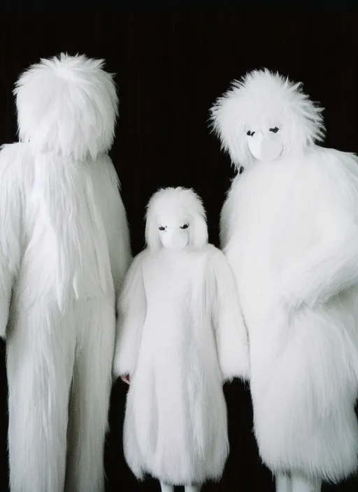 Prompt: realistic photo of the family wearing fluffy hairy masks, faceless, no face, white fluffy cotton shorts, white fluffy cloak, polished and fancy, standing in the wooden room full of wooden bird idol sculptures 1 9 9 0, life magazine reportage photo