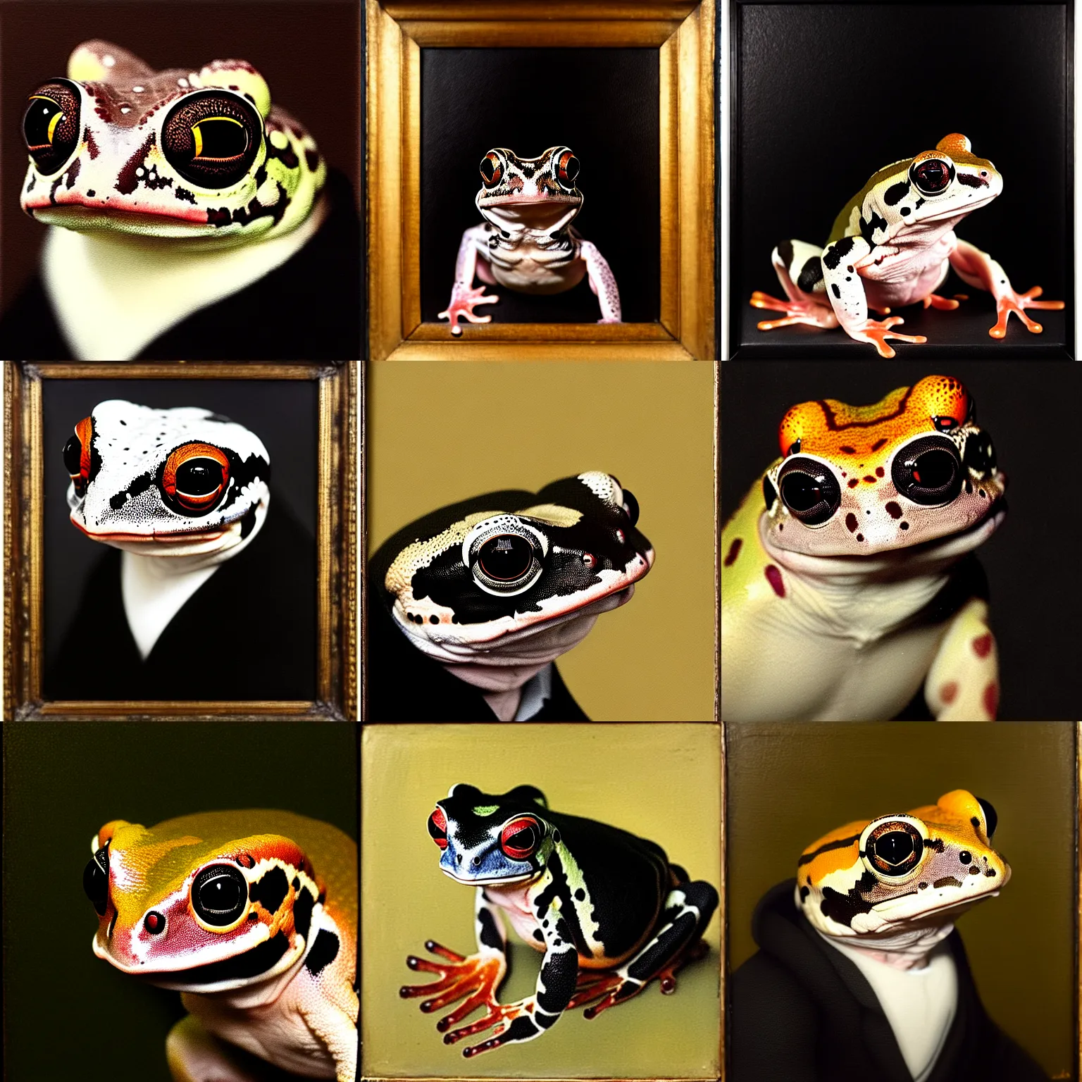 Prompt: a head - and - shoulders portrait of an amazon milk frog looking off camera wearing a black overcoat, an american romanticism painting, a portrait painting, cgsociety, soft focus, oil on canvas