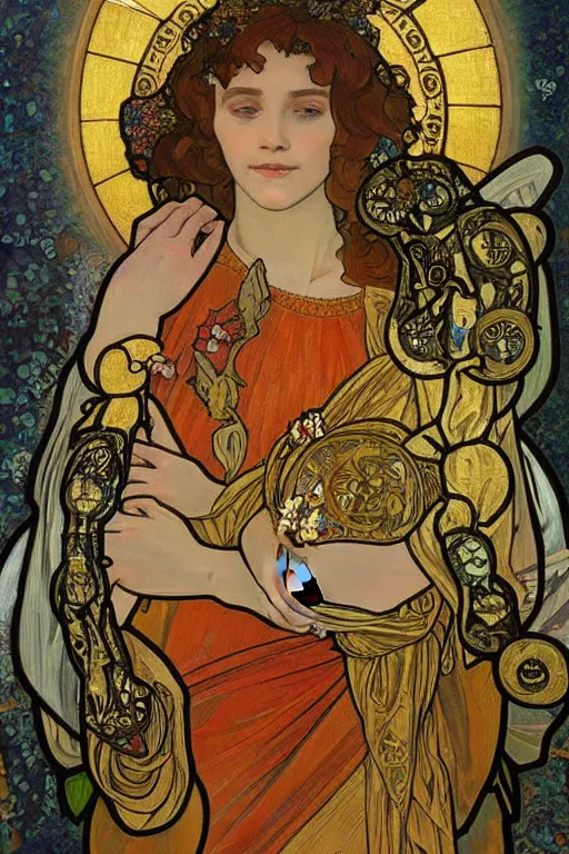 Prompt: a full body portrait of the annunciation oil painting cross between the styles of alphonse mucha and gustav klimt gold leaf, intricate detailed,