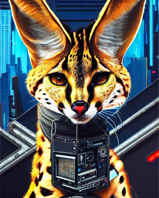 Image similar to a portrait of an anthropomorphic cyberpunk serval by sandra chevrier, by jon foster, detailed render, tape deck, epic composition, cybernetics, 4 k realistic, cryengine, realistic shaded lighting, sharp focus, masterpiece, by enki bilal