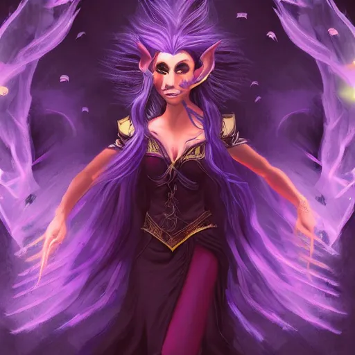 Image similar to high quality fantasy painting of a half-elf sorceress, she has purple hair, 35 years old, magical chaotic lights dance around her, dark and ominous background