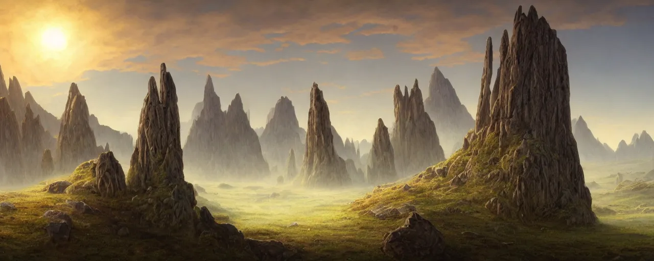 Prompt: A beautiful hyper realistic detailed matte painting of the old rock magic altar of ice in a montane grassland landscape at sunrise with huge ancient tower carved with runes ans magic symbols stands in the centre of composition, by John Howe and Andreas Rocha and Martin Johnson Heade and Albert Bierstadt, unreal engine, trending on artstation, barometric projection, rectilinear