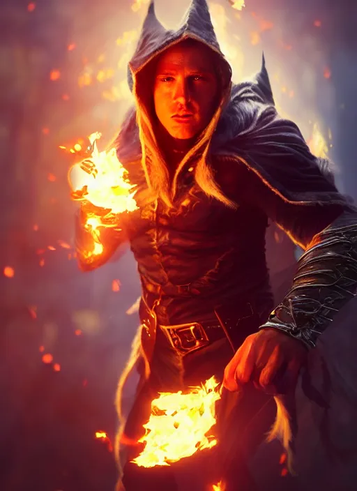 Image similar to A fantasy comic book style portrait painting of a Channing Tatum as a elf Sorcerer casting a fire spell, unreal 5, DAZ, hyperrealistic, octane render, RPG portrait, ambient light, dynamic lighting