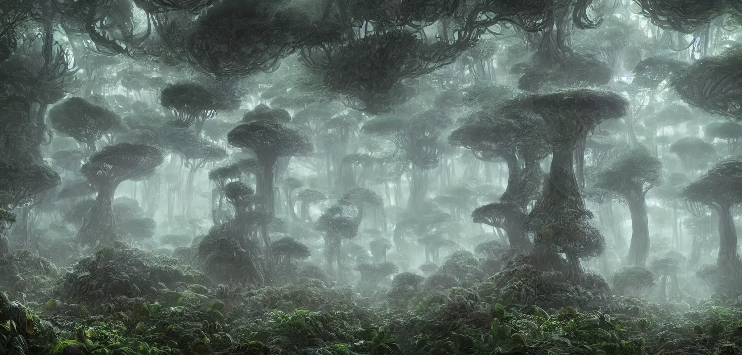 Prompt: a distant dense forest of giant bismuth mutated mushrooms, intricate, highly detailed, organic, volumetric fog, concept art, masterpiece