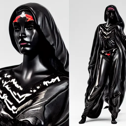 Image similar to black marble statue of a beautiful woman with colorful motocross logos in the style of virgil abloh, very very beautiful, detailed, off white, heron preston, 8 k, 4 k, detailed, beautiful, symmetrical, vogue, editorial, fashion, magazine, museum lighting, museum, gallery