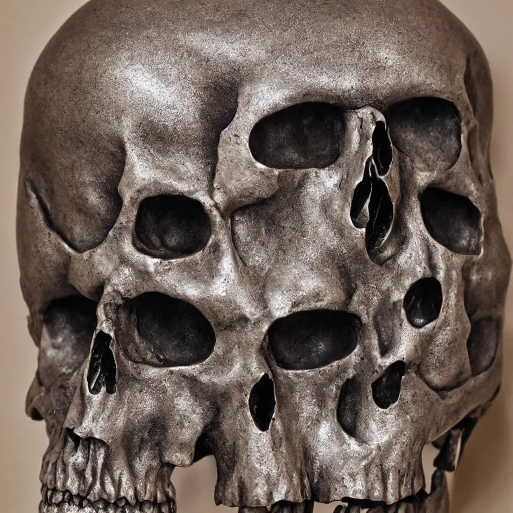 Prompt: a realistic metal sculpture of one skull, super detailed