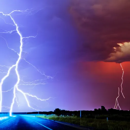 Image similar to futuristic flying car emerging from a circle of lightning in the sky, thunderstorm at night, 28mm dramatic photo