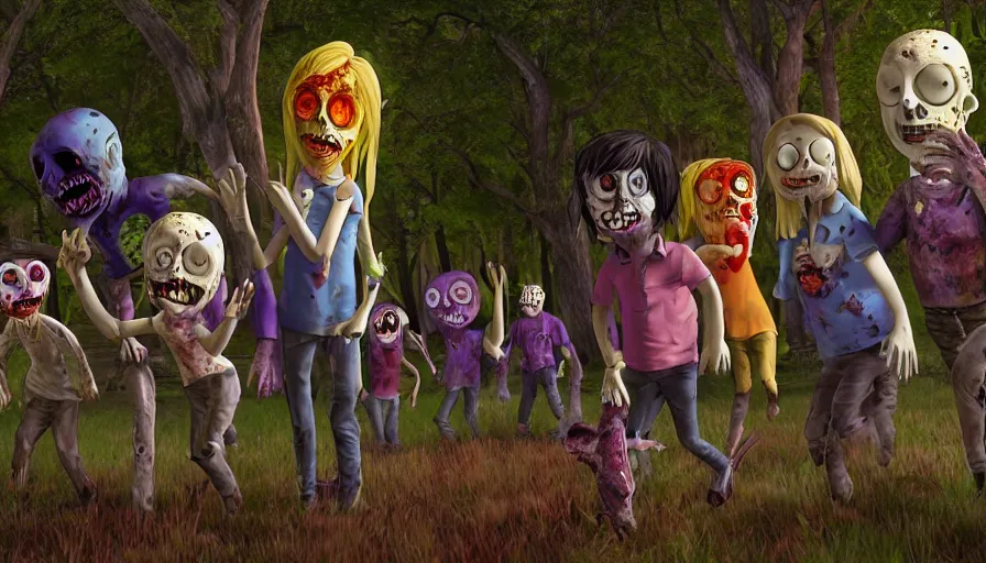 Prompt: night of the living dead by lisa frank's. rotting corpse, zombies, octane render, unreal 5 8 k depth of field, highly - detailed, in the style of family guy