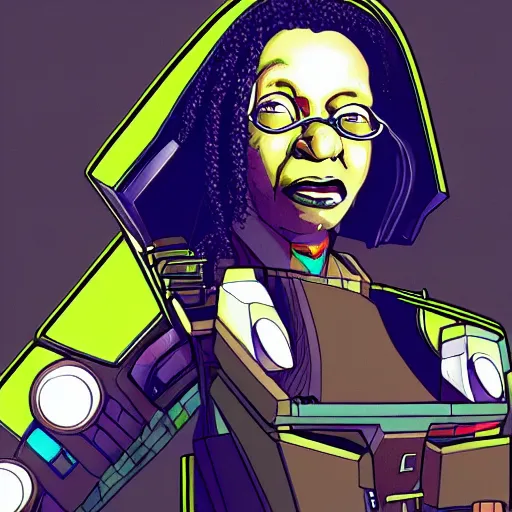 Image similar to cyberpunk robotic whoopi goldberg, sharp lines, digital, artstation, colored in