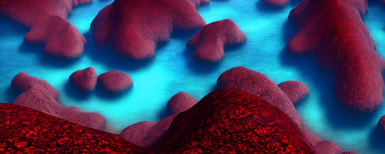 Image similar to A gorgeous detailed oil of a dark red sea covered in big blue steep rocks, the further away the mistier it gets, surreal, concept art, dark aesthetic, atmospheric, moody, hyperrealism, highly detailed, masterpiece, award winning, 4k, unreal engine, ray tracing