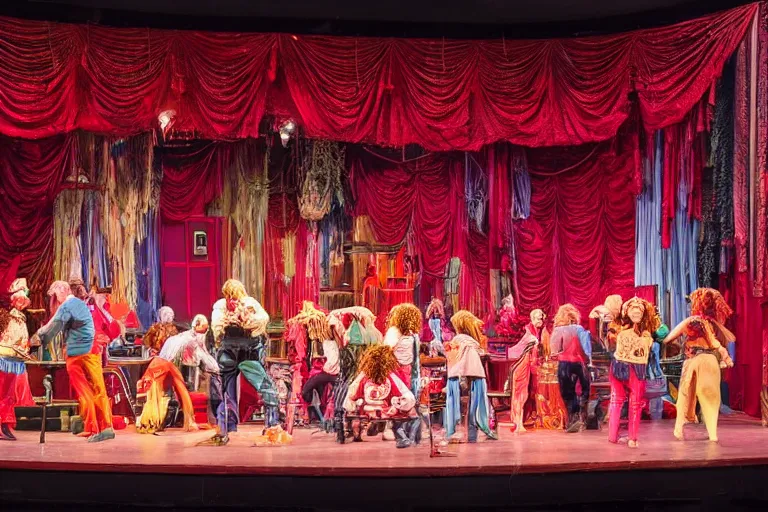 Image similar to photo of a huge theaterstage, stage is decorated as 7 0 ties kitchen and living room, theater curtains are red, 3 actors in hippy costumes with big wigs standing on stage singing, 8 k, multicolored, exaggerated detailed, long shot