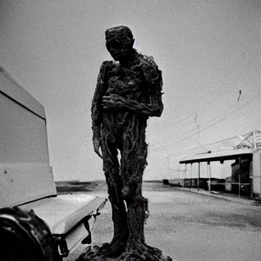 Image similar to real life sentient and composed irradiated person with acute radiation sickness flaking, melting, rotting skin 1950s nuclear wasteland black and white award winning photo highly detailed, highly in focus, highly life-like, facial closeup taken on Arriflex 35 II, by stanley kubrick