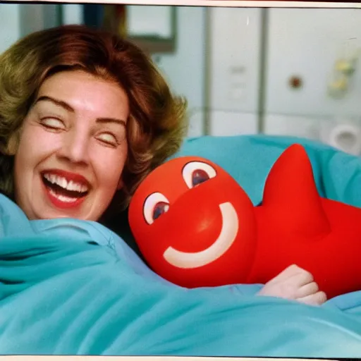 Image similar to happy woman who has given birth to a squishy inflatable toy, in hospital bed, 1974 color Fellini film, technicolor film, 16mm, wacky children's tv with anthropomorphic animal