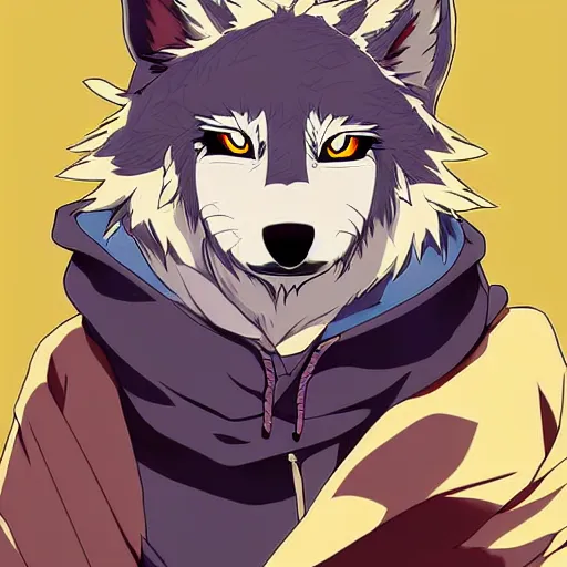 Image similar to key anime visual portrait of a handsome male anthro wolf furry fursona with beautiful eyes, wearing a hoodie, official modern animation