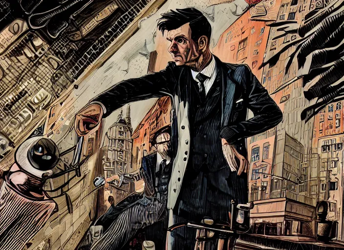 Prompt: hyper detailed comic illustration of Tommy Shelby punching The Tenth Doctor, Android Jones intricate details, vibrant, solid background, low angle fish eye lens