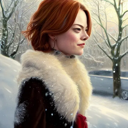 Prompt: ultra realistic illustration, emma stone getting out of a taxi in winter, intricate, elegant, highly detailed, digital painting, artstation, concept art, smooth, sharp focus, illustration, art by artgerm and greg rutkowski and alphonse mucha