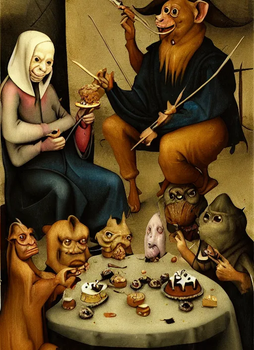 Image similar to medieval goblin eating cakes painted by hieronymus bosch, detailed digital art, trending on Artstation