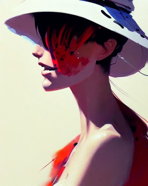 Prompt: a ultradetailed beautiful painting of a stylish woman wearing a white bucket hat, by conrad roset, greg rutkowski and makoto shinkai trending on artstation