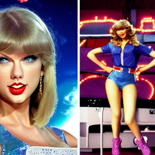 Image similar to Taylor Swift as Olivia Newton John in Grease as Lola Bunny in Space Jam (1996), colorful, fun, photorealistic, detailed, by Alan Moore Asher Duran, Tooth Wu ((Greg Rutkowski)), octane render