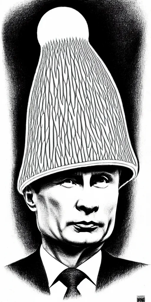 Image similar to vladimir putin wearing a nuclear mushroom cloud blast for a hat, cartoonish, ultra detailed pencil drawing