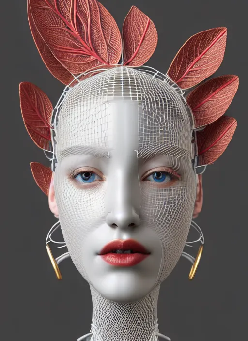 Prompt: complex 3d render ultra detailed of a beautiful porcelain profile woman face, mechanical cyborg, 150 mm, beautiful natural soft light, rim light, studio light, silver gold details, magnolia big leaves and stems, roots, fine foliage lace, mesh wire, intricate details, hyperrealistic, mandelbrot fractal, anatomical, red lips, white metal armor, facial muscles, cable wires, microchip, elegant, Alexander Mcqueen haute couture, octane render, H.R. Giger style, 8k