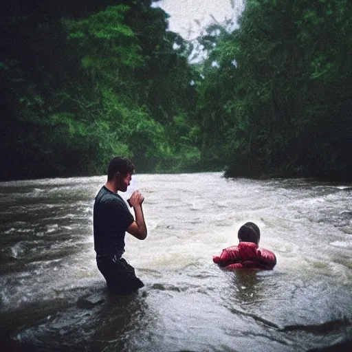 Image similar to location : river, action : man saving child from drowning, atmosphere : rainy. vfx, golden ratio, sharp focus, dramatic lighting, hdr shadows, very detailed, extra crisp, dramatic lighting, hollywood style, at behance, at netflix, with instagram filters, photoshop, adobe lightroom, adobe after effects, taken with polaroid kodak portra