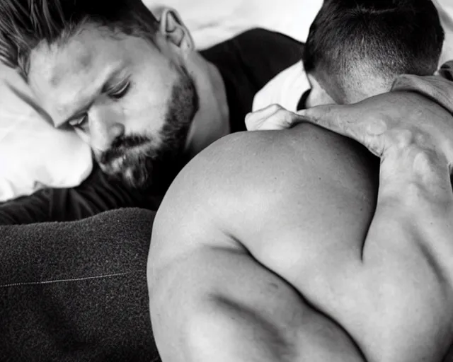 Image similar to cuddling with a bodybuilder, hugging an athlete, squishing muscles, comforting, wholesome, sweet, kindhearted, adorable, romantic, platonic