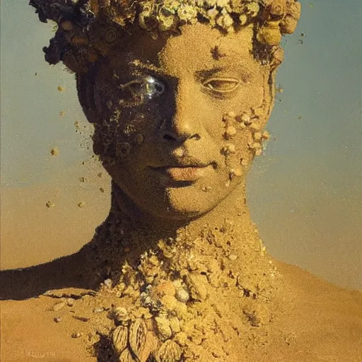 Prompt: a sculpture portrait made of sand and bubbles and plants and flowers, painting part by wojciech siudmak, part by ilya repin, part by max ernst, part by norman rockwell, artstation