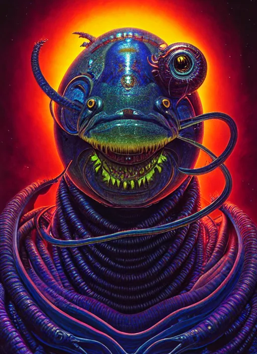 Prompt: cinematic bust portrait of psychedelic anglerfish, head and chest only, exotic alien features, Tim Hildebrandt, Wayne Barlowe, Bruce Pennington, donato giancola, larry elmore, oil on canvas, masterpiece, trending on artstation, featured on pixiv, cinematic composition, dramatic pose, beautiful lighting, sharp, details, hyper-detailed, HD, HDR, 4K, 8K