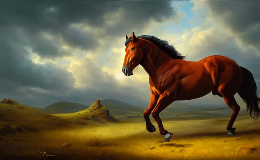 Image similar to a masterpiece oil painting of a single and proud horse. wide angle, fantasy art, alex ross, heroic lighting, very very very beautiful raytraced rendering