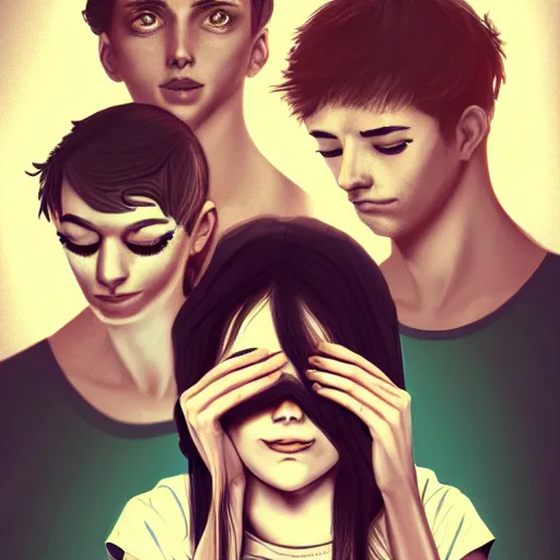 Prompt: realistic portrait of a terrified female author covering her face with a notebook while three male and one female characters look intensely, aesthetic!, trending on artstation, detailed digital art,