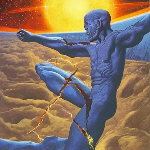 Image similar to the creation of the human race from the material in the stars. cosmos, detailed oil painting by vincent di fate michelangelo and alan lee