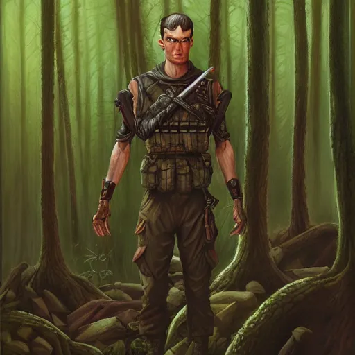 Prompt: male soldier in the forest, by gerald brom!!, D&D, fantasy, intricate, elegant, highly detailed, digital painting, artstation, concept art, matte, sharp focus, illustration