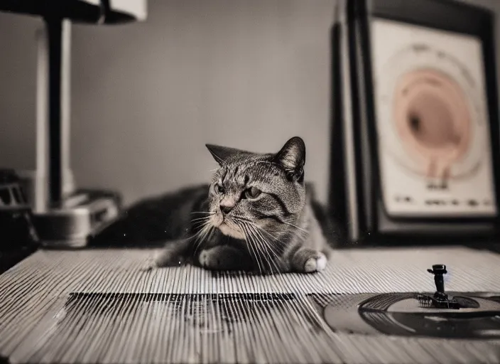 Image similar to photography of a Cat sitting on a record player. in a room full of posters, photorealistic, raining award winning photo, 100mm, sharp, high res