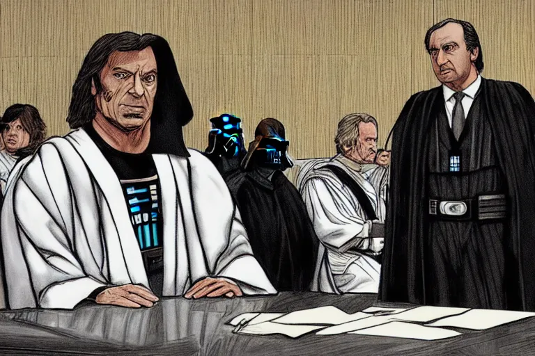 Prompt: darth vader in court being defended by saul goodman, court images, 1 0 8 0 p, court archive images