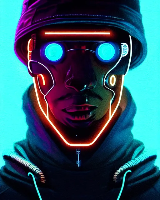 Prompt: cyberpunk synth, hyper - realistic portrait of a man in a hoodie with detailed neon mask, cyberpunk, intricate, lifelike, by atey ghailan, by greg rutkowski, by greg tocchini, by james gilleard, by joe fenton, by kaethe butcher, dynamic lighting, gradient light blue, brown, cinematic lighting color scheme, sharp focus, grunge aesthetic