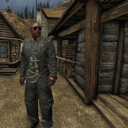 Image similar to gus fring visits whiterun, skyrim, highly detailed, realistic, elder scrolls, adventuring gear, business suit